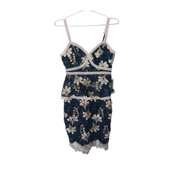New Lulus XS Navy Blue Floral Embroidered Lace Trim Mini Dress Party - Picture 6 of 16